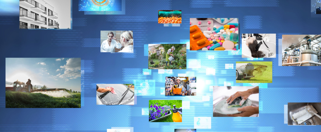 Ein blauer Hintergrund mit vielen Bildern darauf.