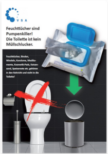 Un poster repr&eacute;sentant des toilettes avec une &eacute;tiquette bleue et blanche dessus.