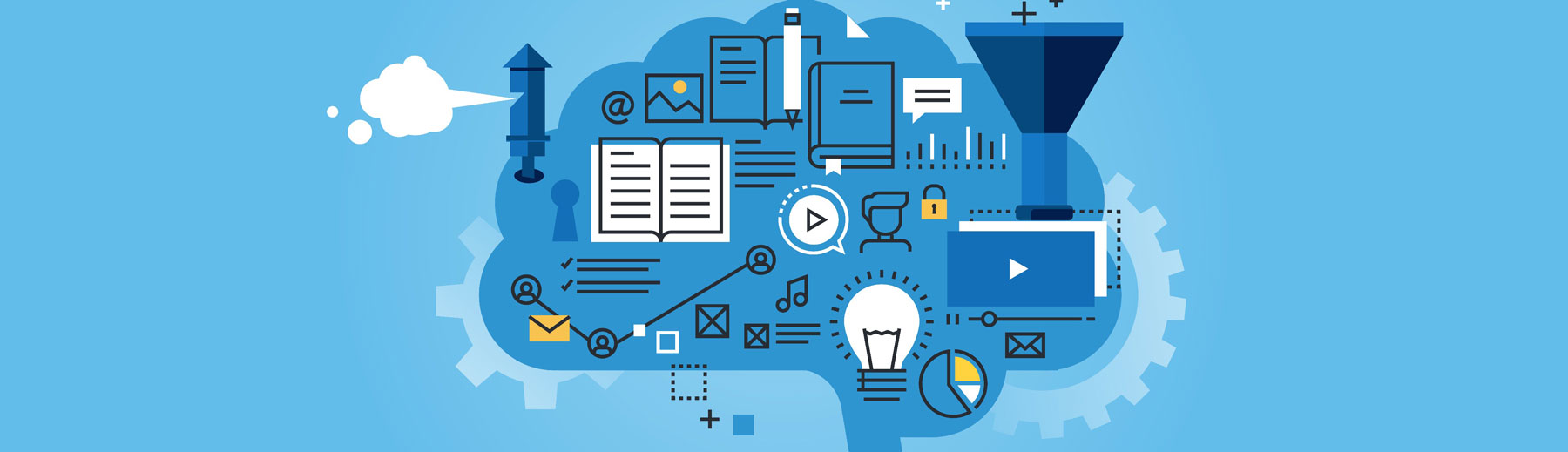 Ein blauer Hintergrund mit einer Stadt in der Mitte.