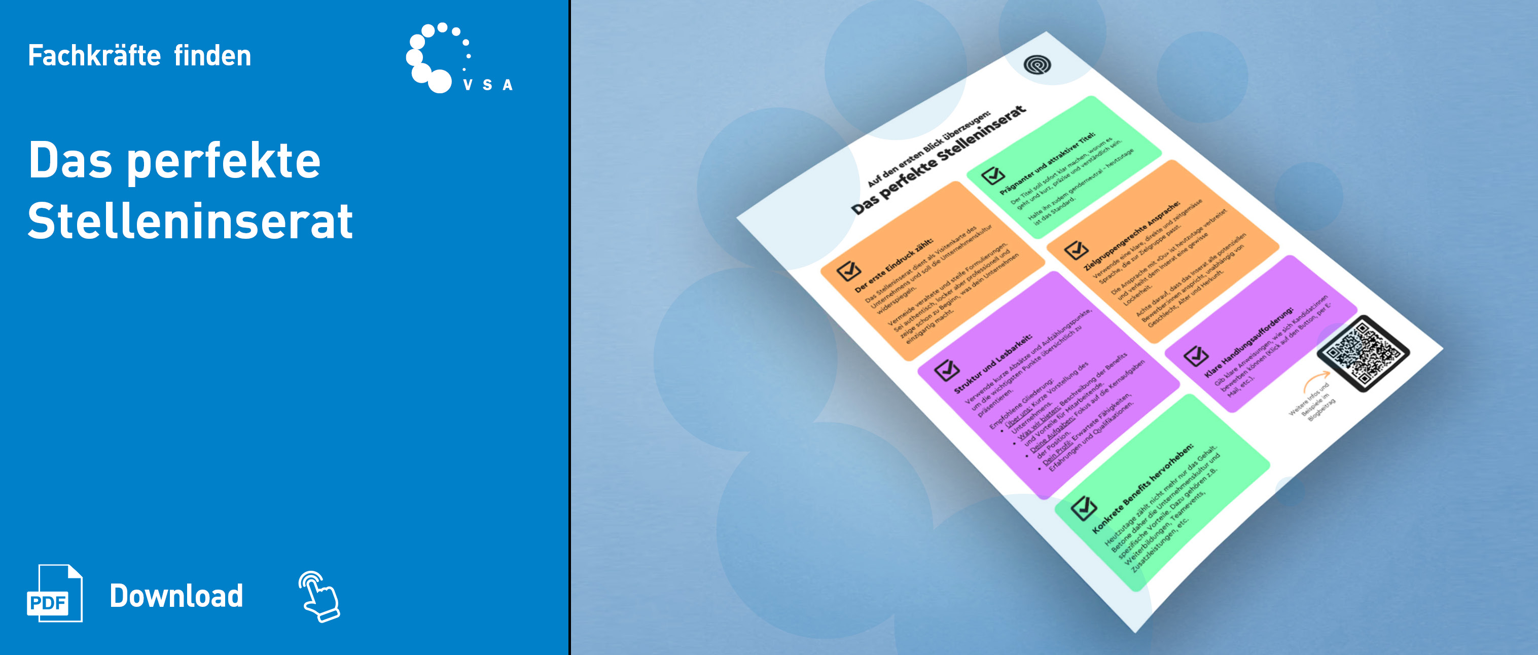 Ein Flyer mit dem Titel „Das perfekte Stelleninserat“ mit bunten Abschnitten und Symbolen wird auf blauem Hintergrund neben einer Seitenleiste mit Download- und PDF-Symbolen angezeigt.